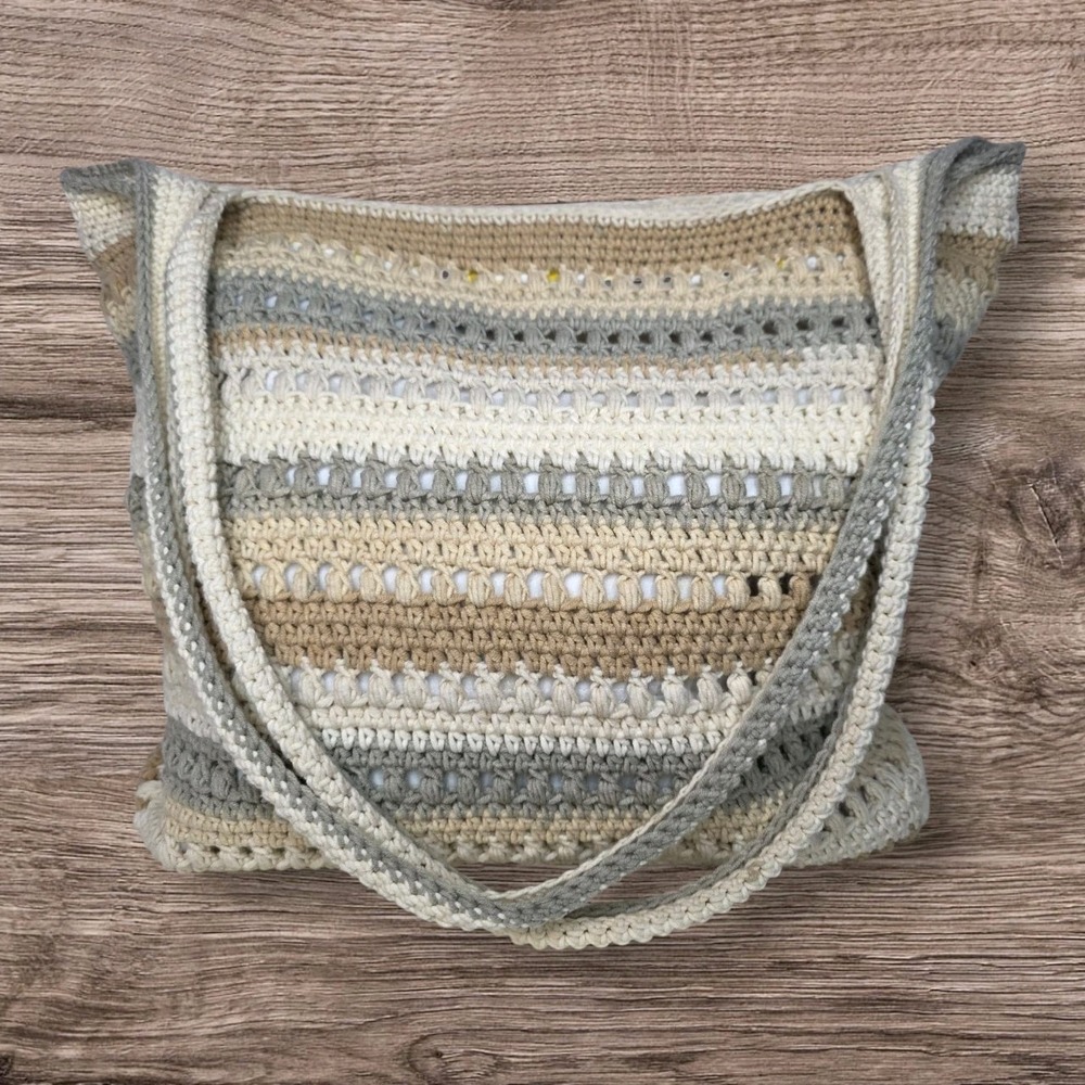 Handmade Crochet Striped Tote Bag Neutral Boho Floral Lined Zipper Shoulder Bag